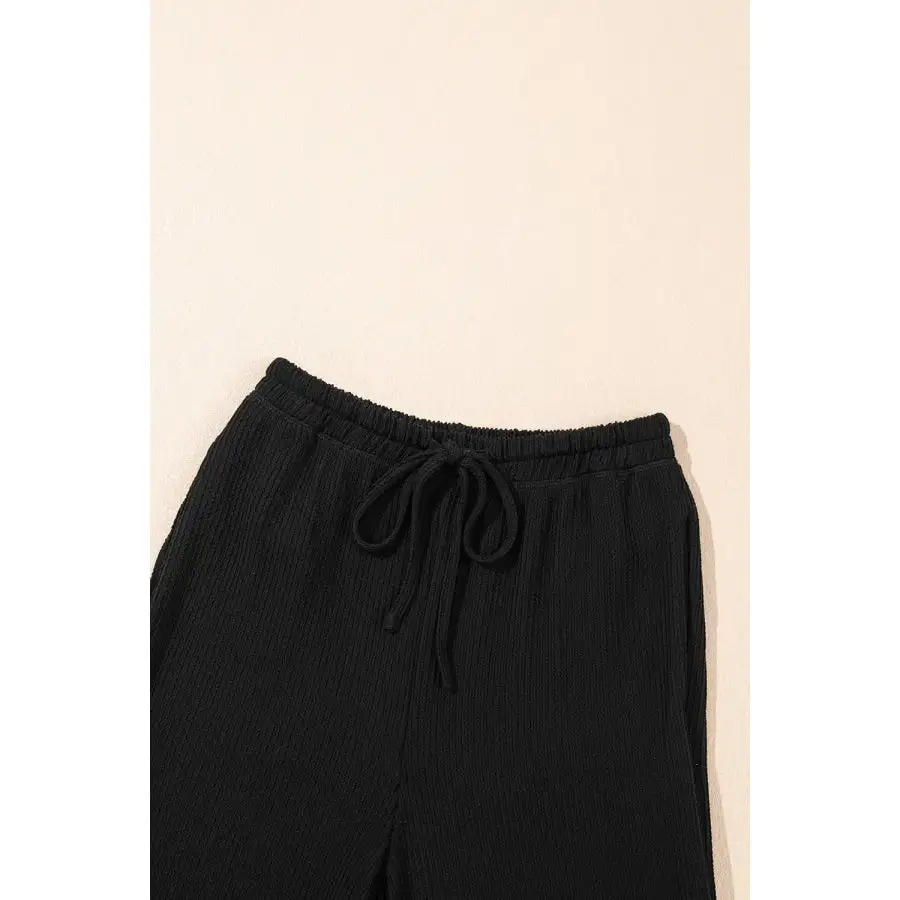 Solid Corded Short Sleeve Top and Casual Pants Set