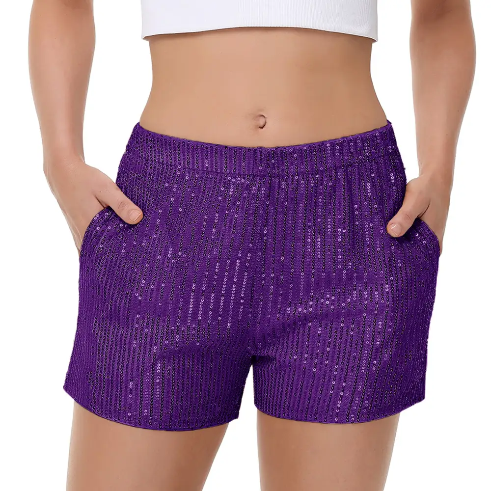 High-Waist Elastic-Waist Pocketed Straight Sequin Shorts