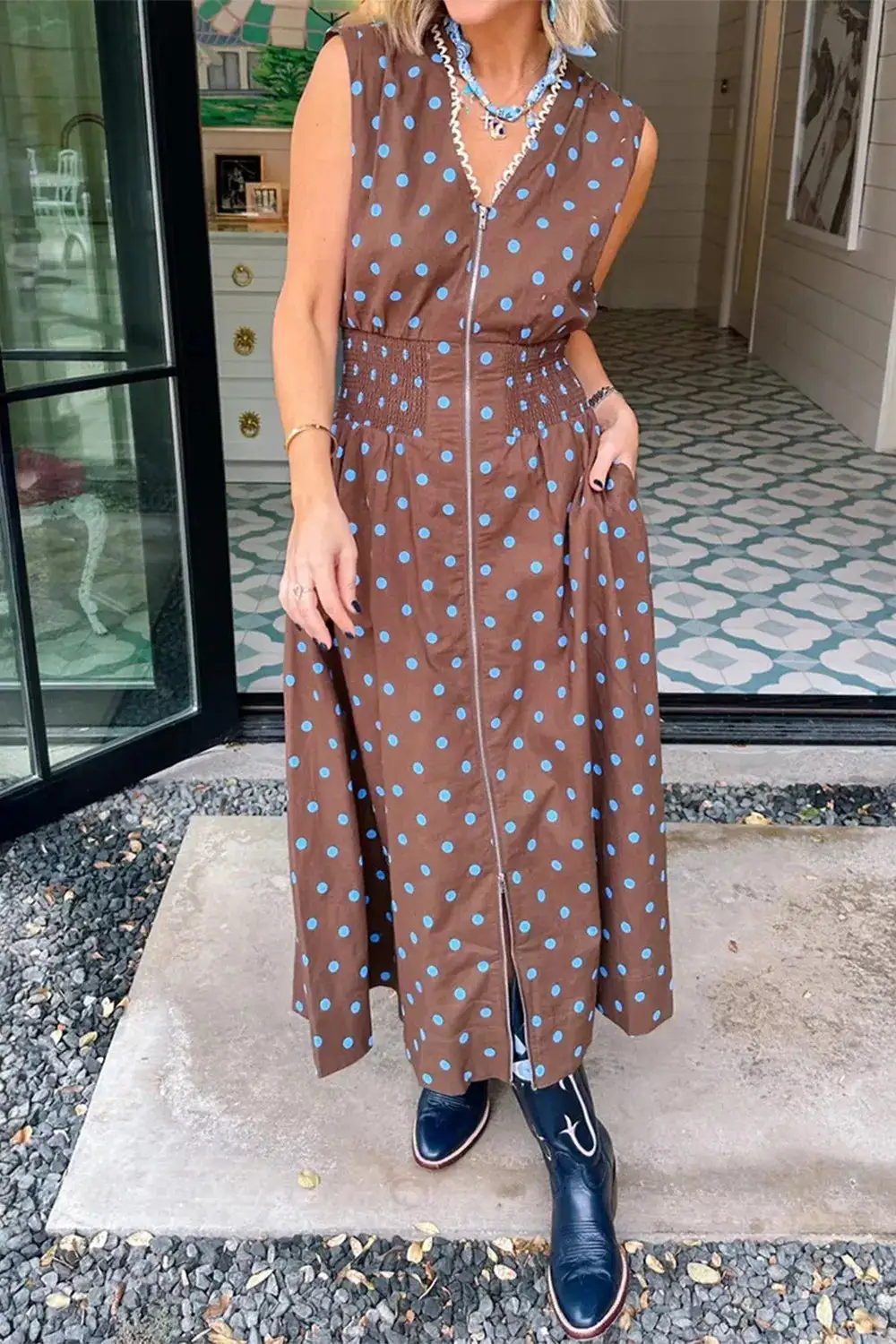 Polka Dot Zip Front Midi Dress
