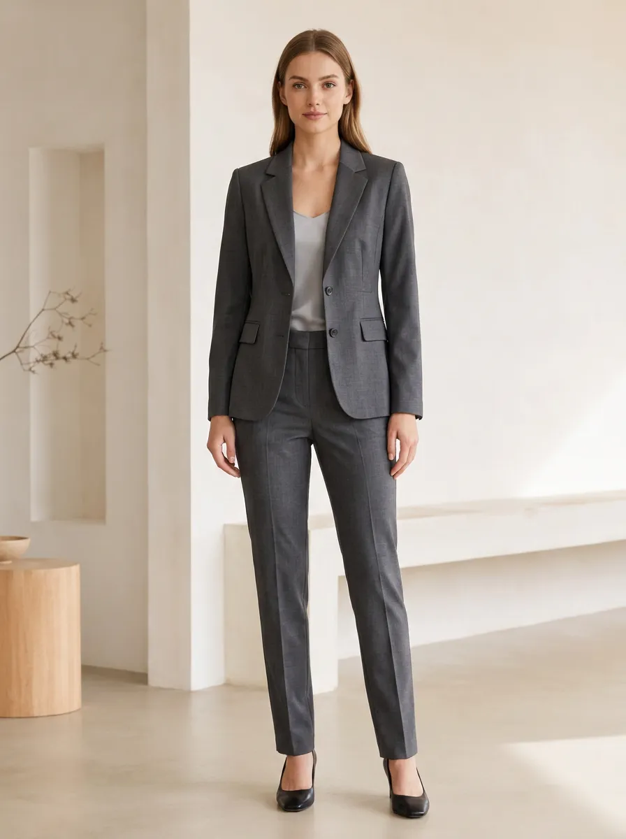 Women's Straight Leg Business Professional Charcoal Grey Tailored Suit Set