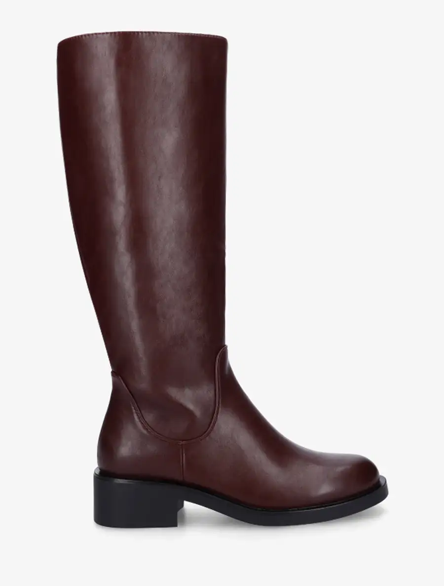 Refined Block Heel Faux Leather Flat Sole Knee High Boots