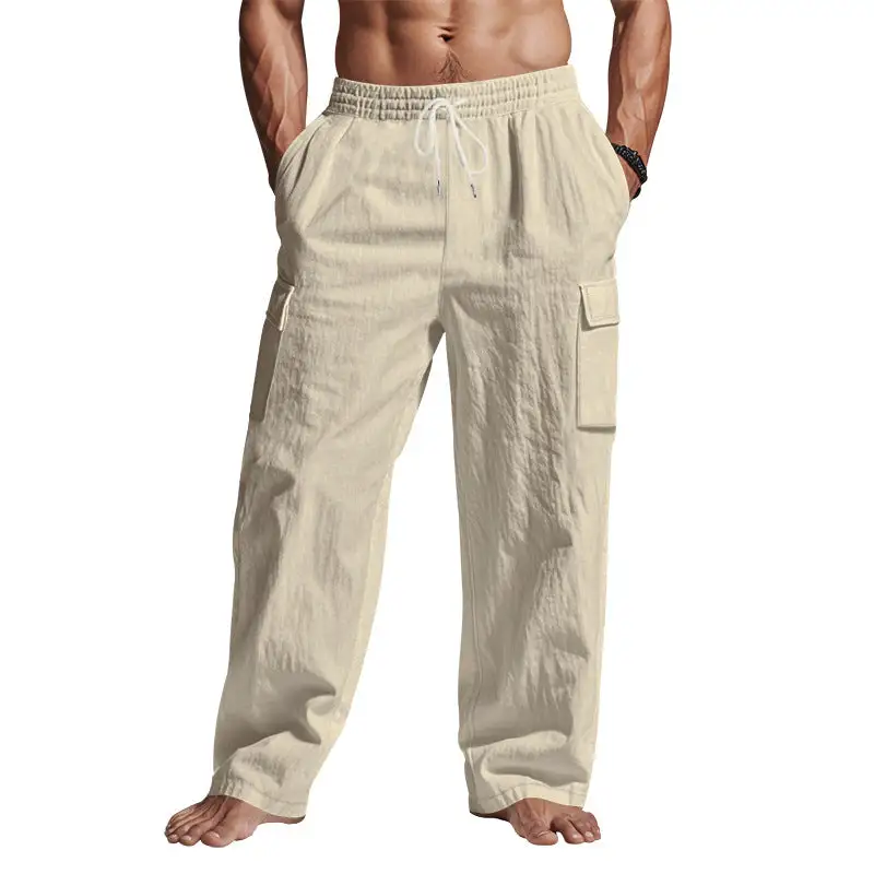 Men's Loose Linen Cargo Pants Waistband Pockets