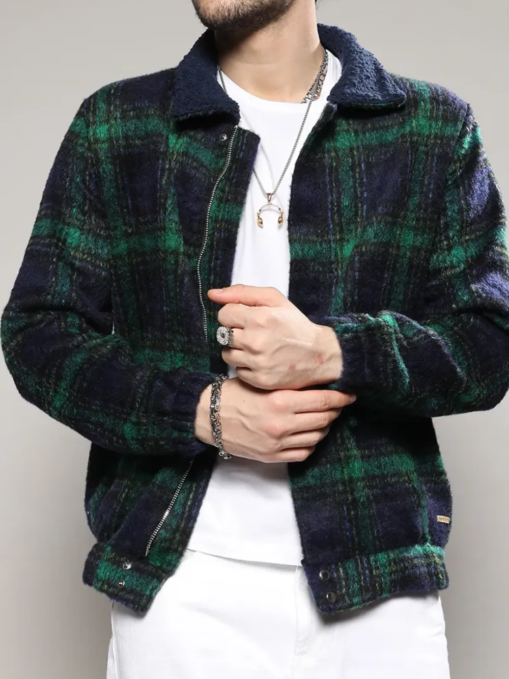 Plaid Pattern Sherpa Collar Jacket
