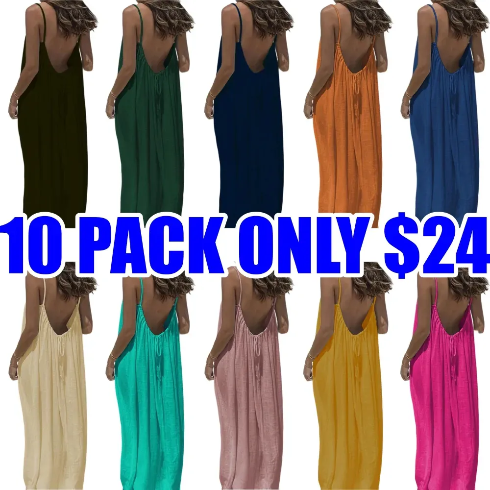 🔥Women's Cotton Linen Backless Loose Dress🔥10-Pack - All Colors Included, Only $24