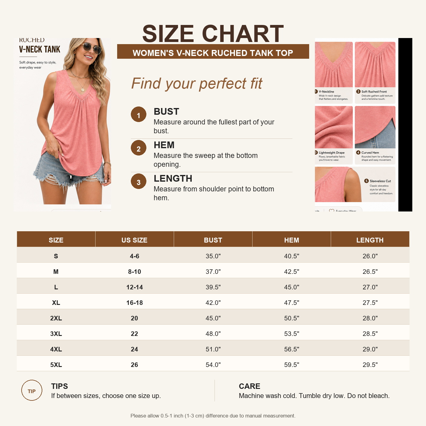 Women's V-Neck Ruched Sleeveless Tank Tops size chart