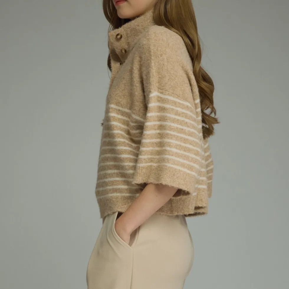 Relaxed Button Detail Stripe Sweater