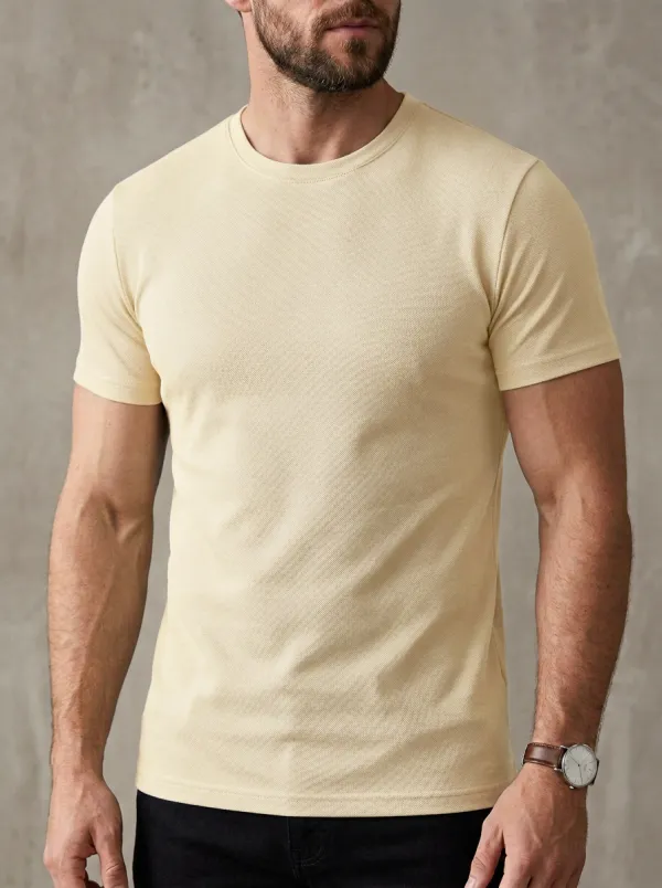 Classic Ribbed Textured Crew Neck Design Men's Slim Fit Short Sleeve T-Shirt