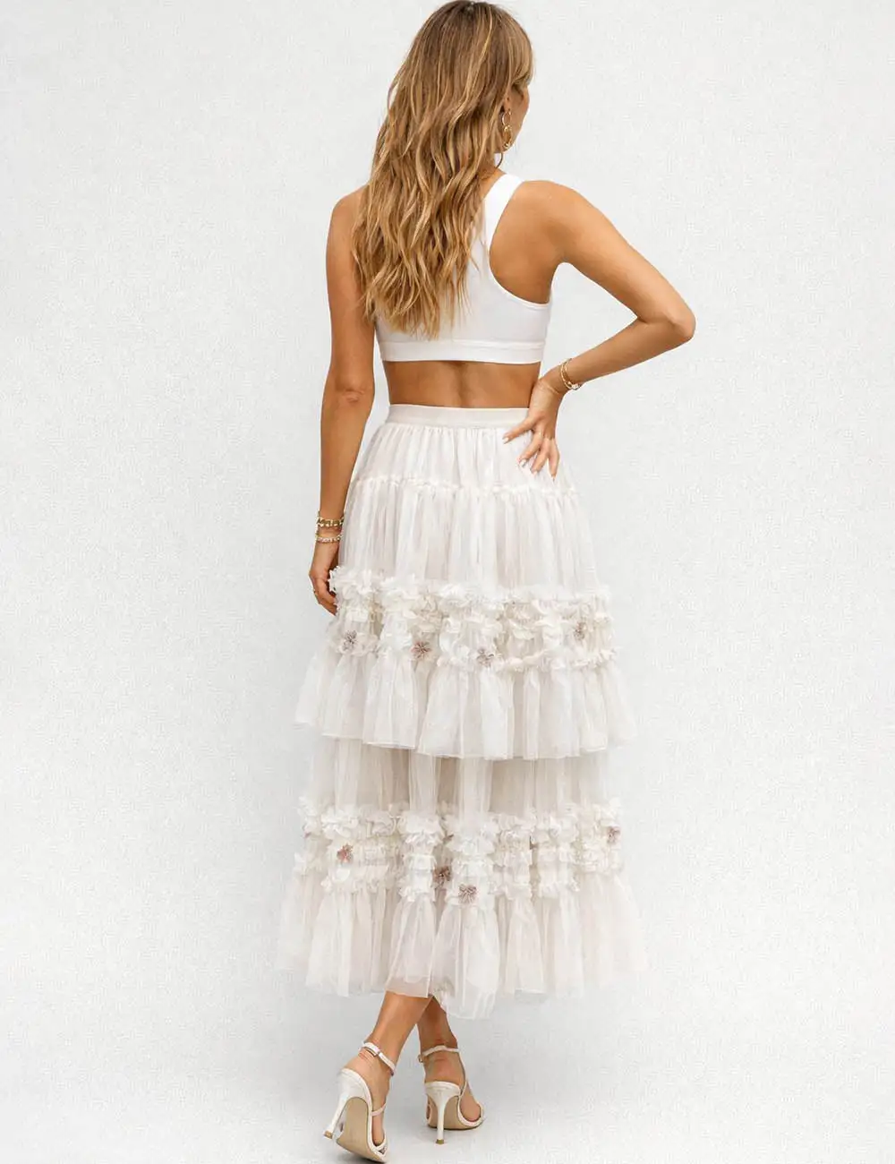 Tiered Ruffle Mesh Maxi Skirt