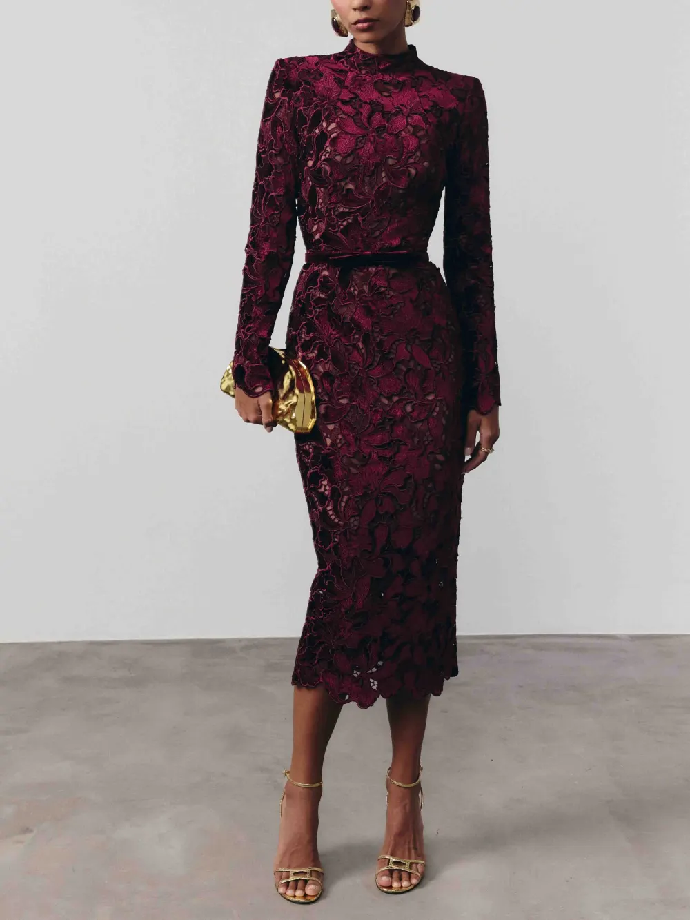 Elegant Embroidered Lace High Neck Midi Dress