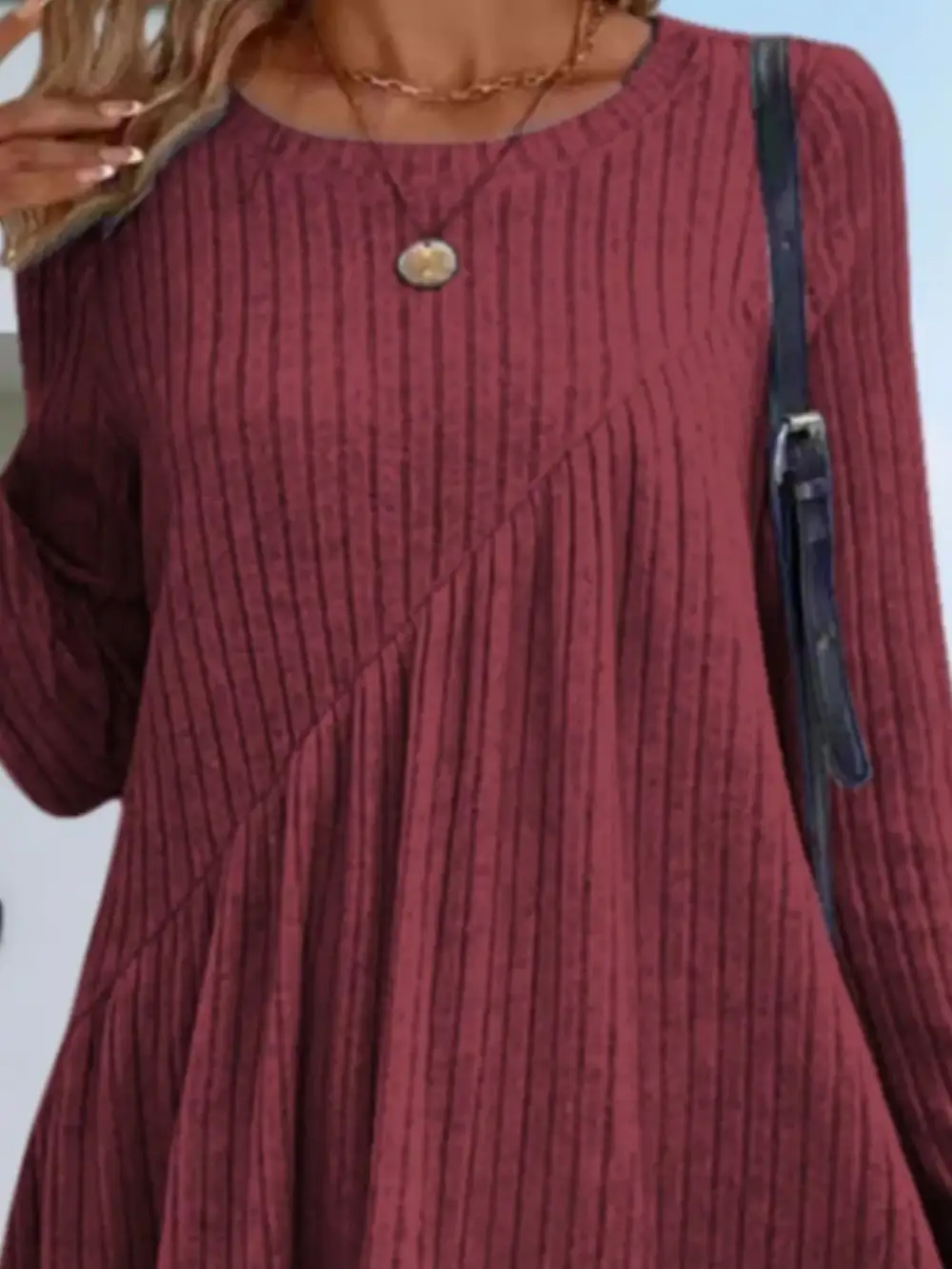 Layered Detail Ribbed Knit Long Sleeve Sweater Dress