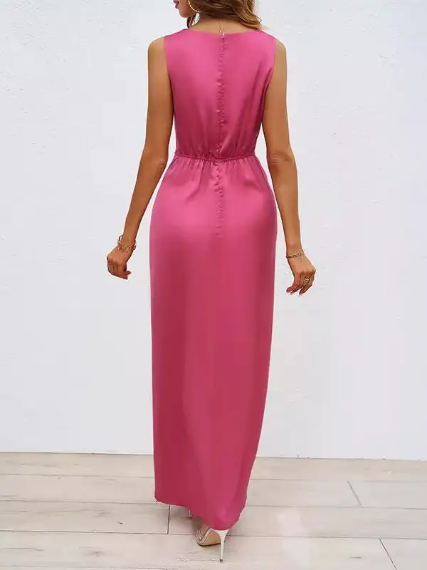 Front Pleated Sleeveless Neck Maxi Dress
