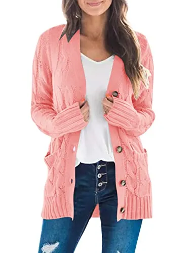 Women's Long Sleeve Cable Knit Sweater Open Front Cardigan Button Loose Outerwear