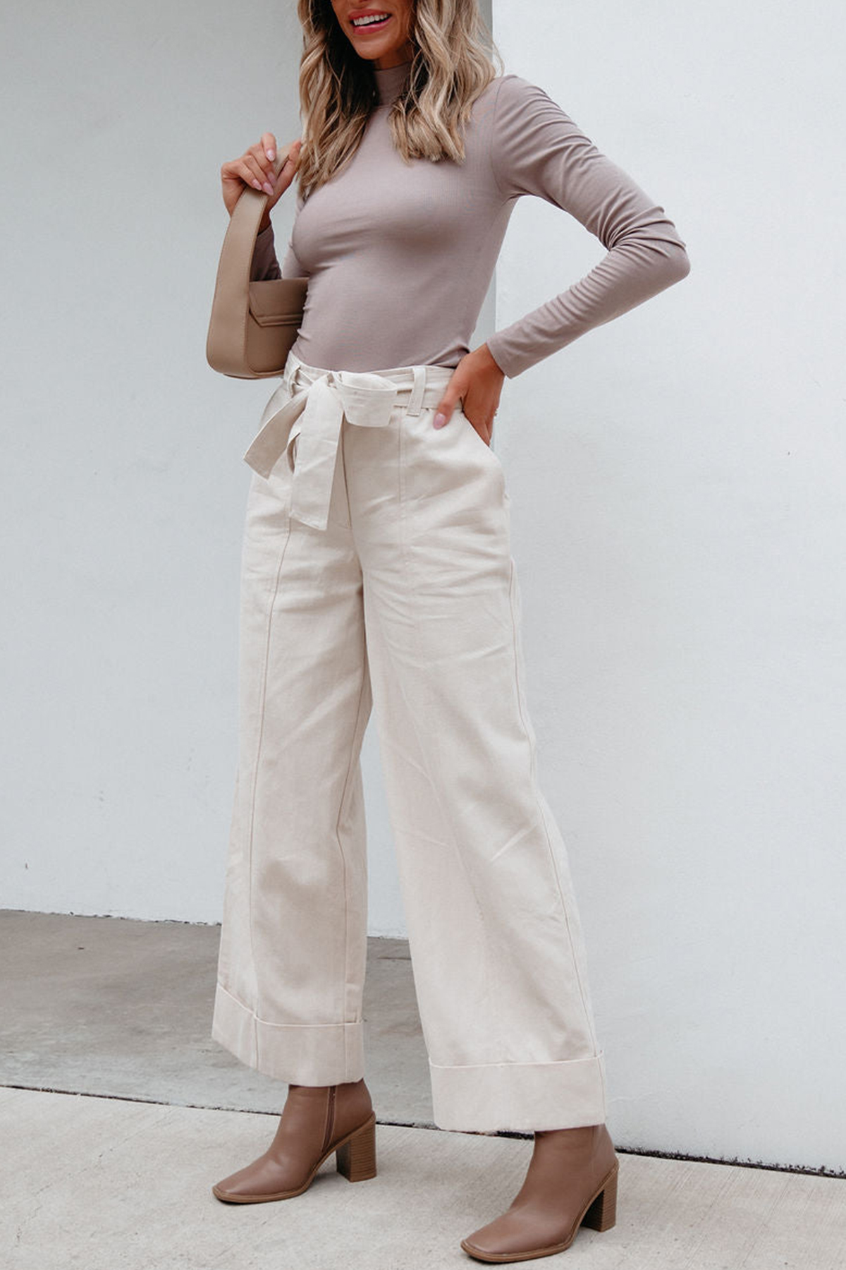 Belted Wide Leg Cuffed Pants - Natural