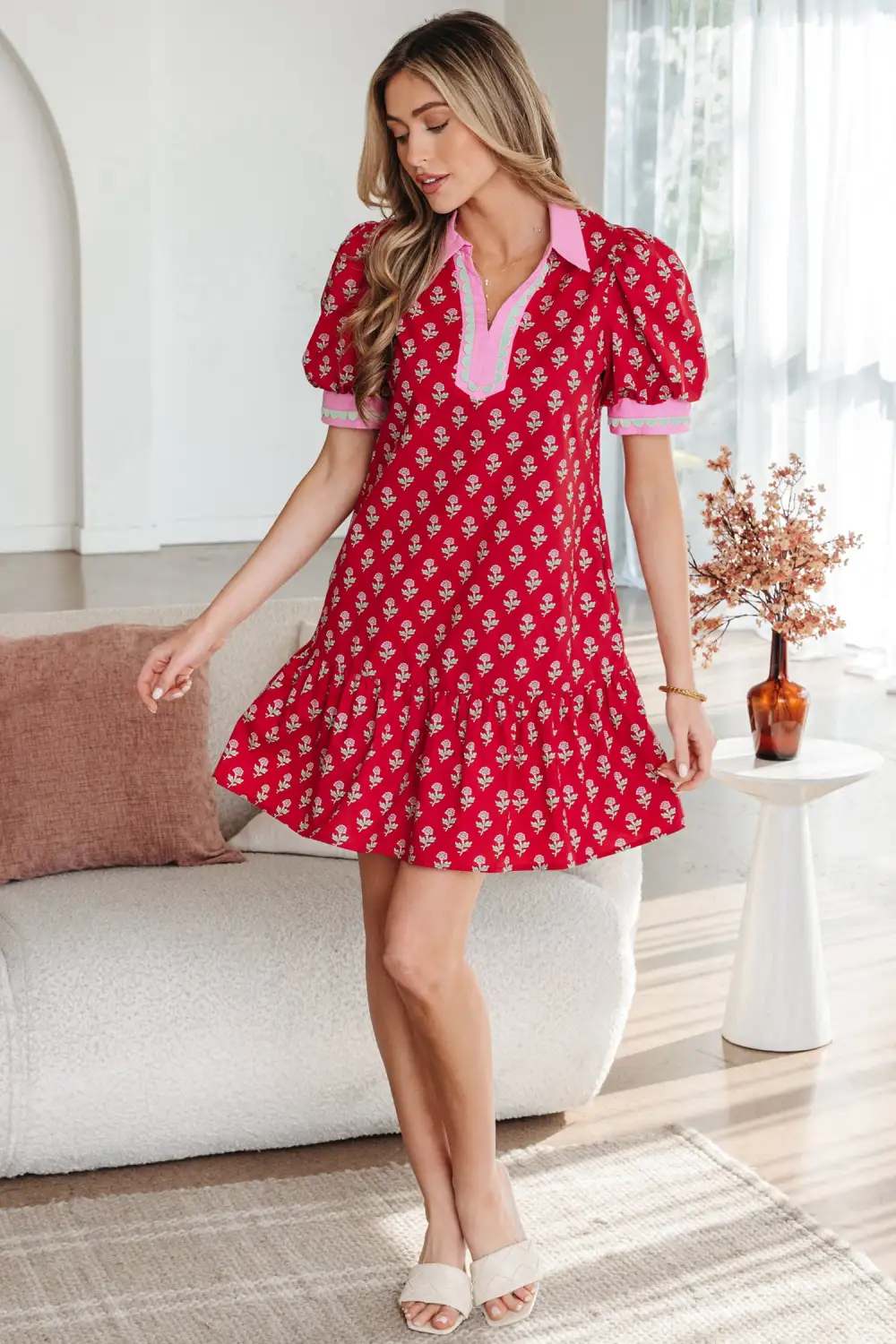 Layered Detail Floral Printed V Neck Mini Dress