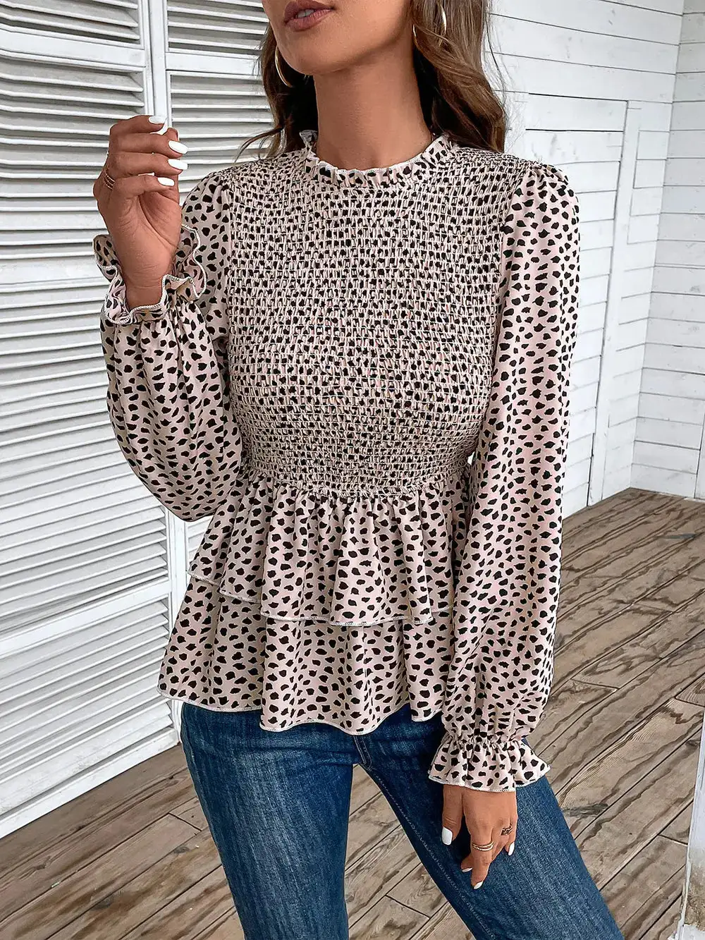 Relaxed Smocked Round Neck Blouse