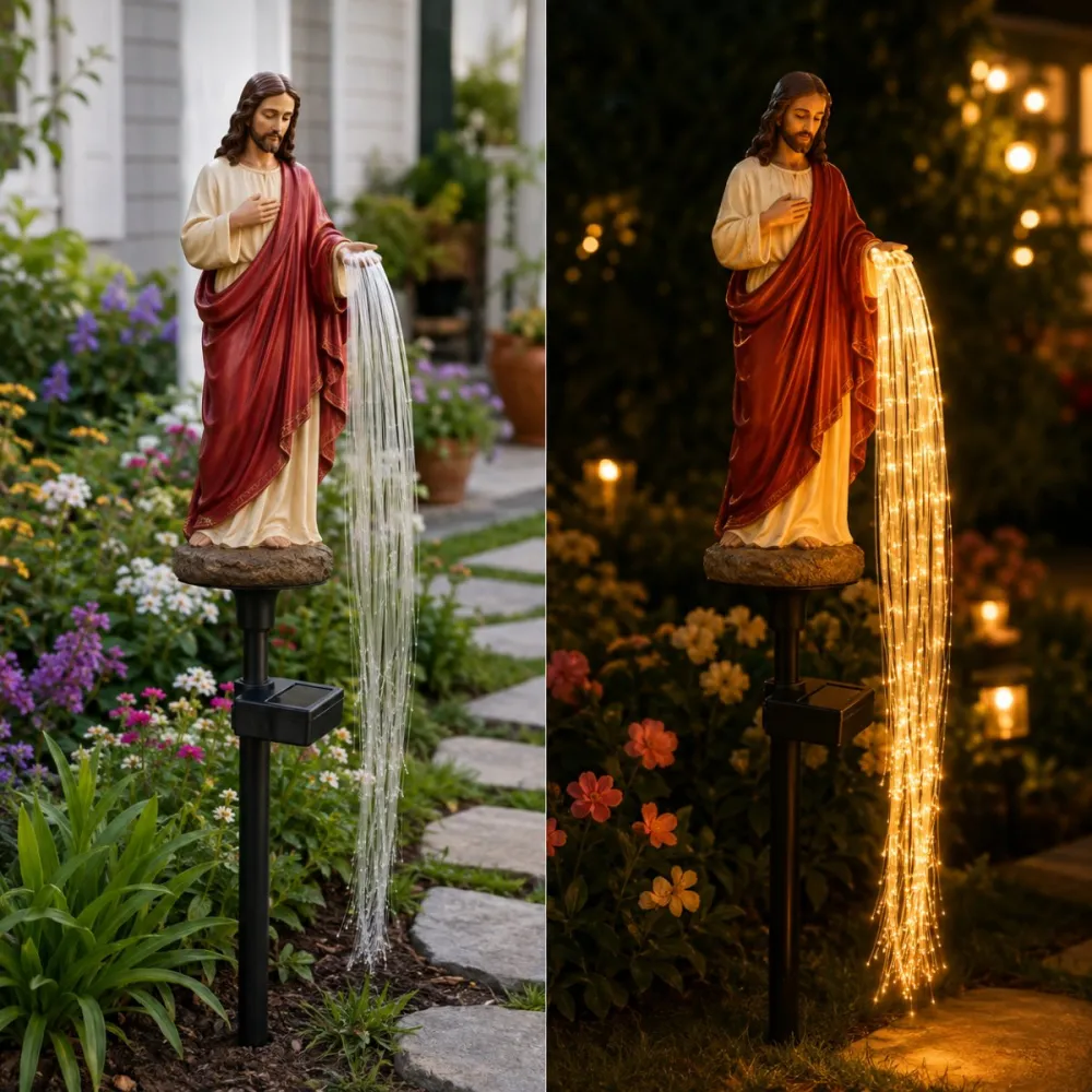 Solar Powered Jesus Light Statue - Flowing Fiber Optic Waterfall Garden Stake