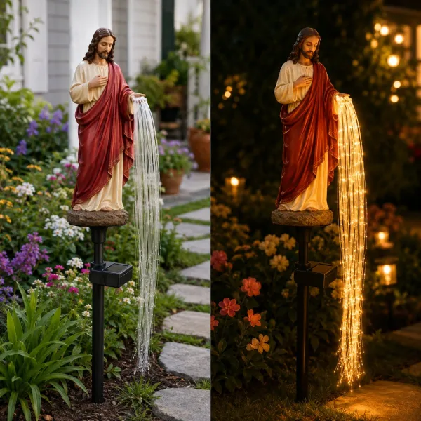 Solar Powered Jesus Light Statue - Flowing Fiber Optic Waterfall Garden Stake