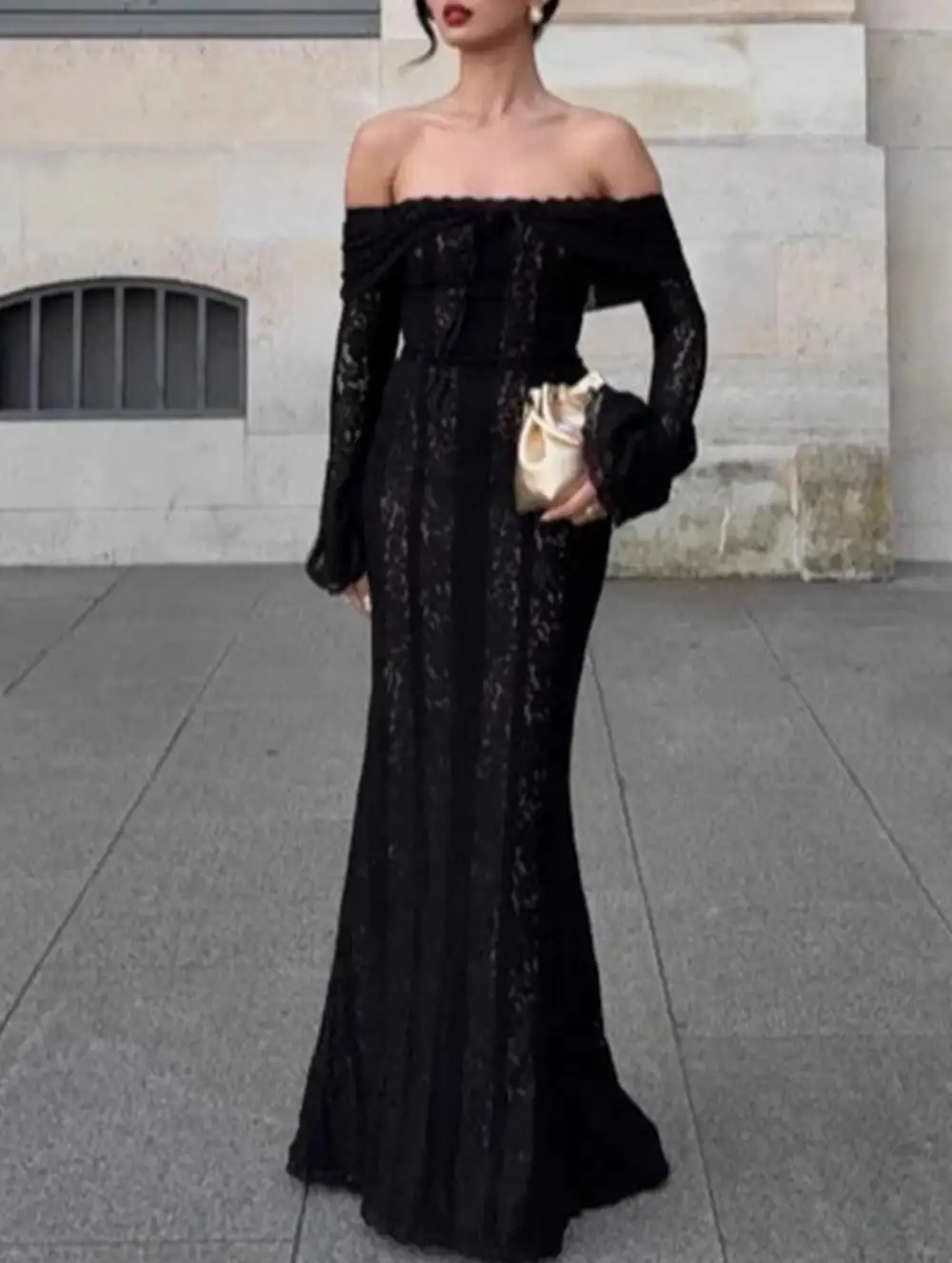 Lace Off Shoulder Bell Sleeve Evening Dress