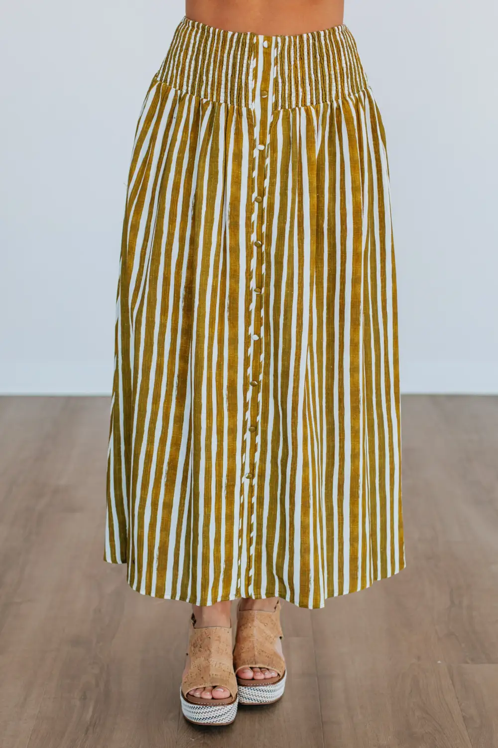 Striped Linen Blend Elastic Waist Maxi Skirt