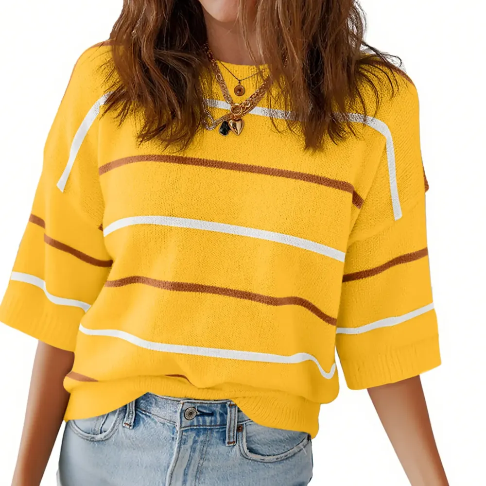 Women'S Short-Sleeved Striped Sweatshirt For Spring And Summer