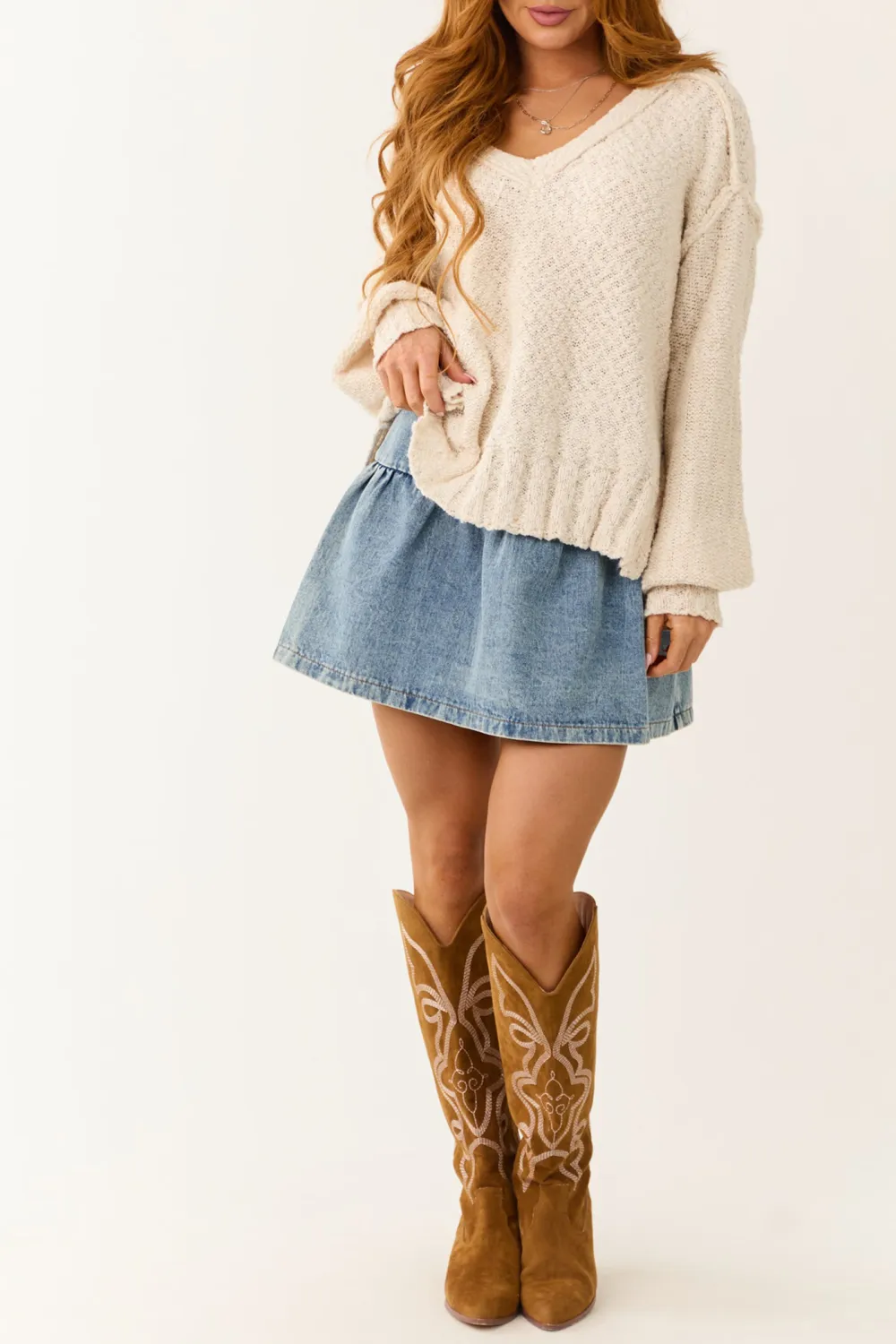 Cream Long Balloon Sleeve Knit Sweater
