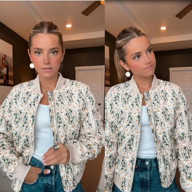 Women's Ramie Linen Embroidered Daisy Cropped Bomber Jacket with Quilted Puffer Sleeves & Two Side Pockets Outerwear