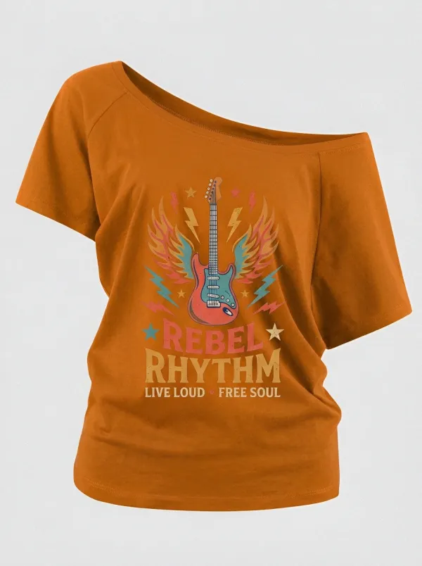 Women's Rock Music Lover Winged Guitar Rebel Rhythm Printed Off-Shoulder Top
