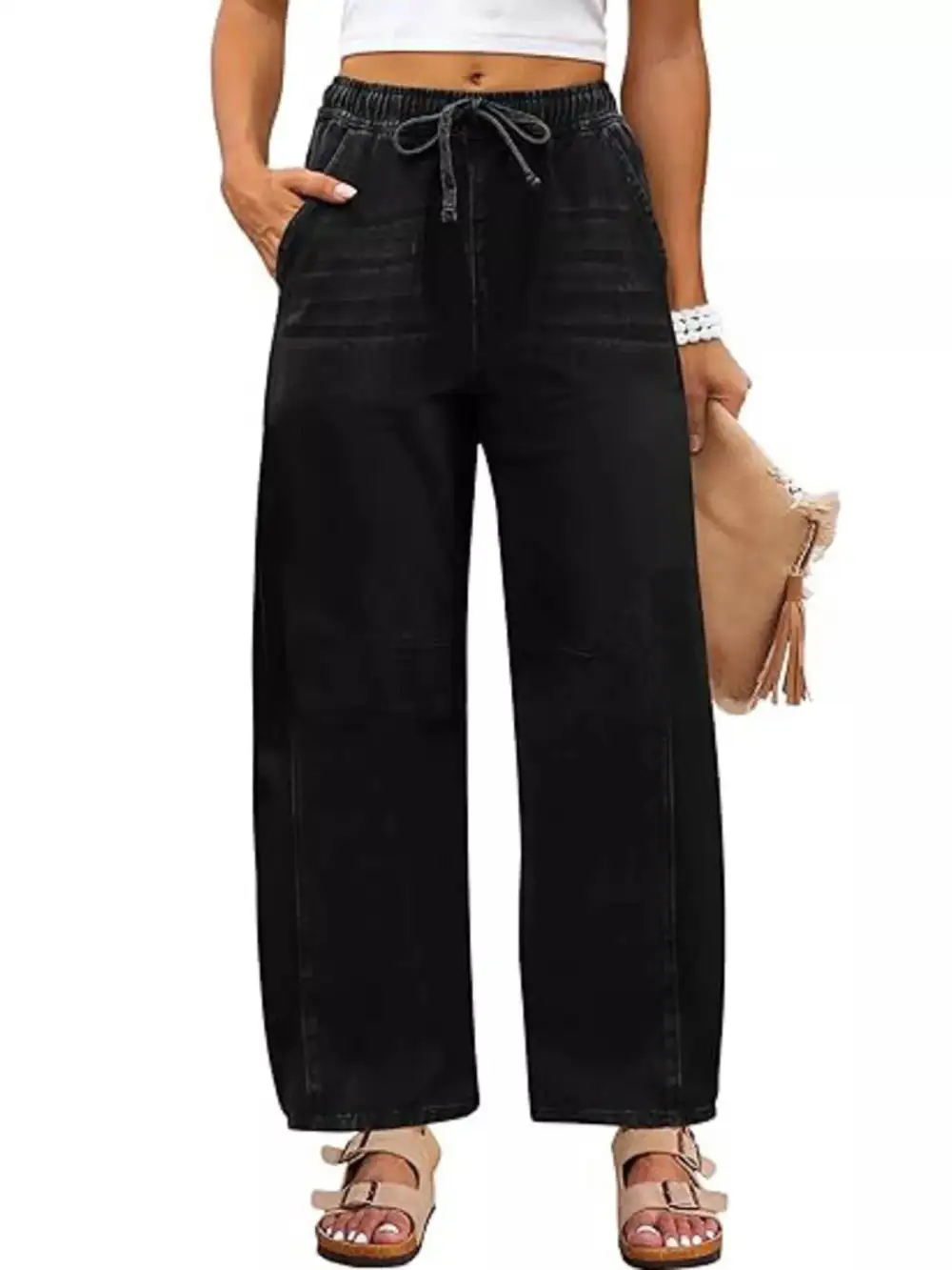 Sharp Wide Leg Elastic Waist Denim Jeans