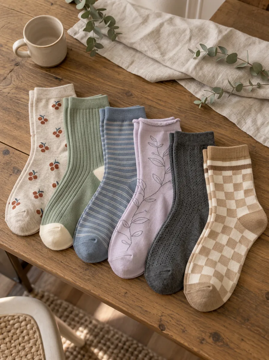 Women's Vintage Aesthetic Floral Striped Checkered Printed Socks 6-Pack