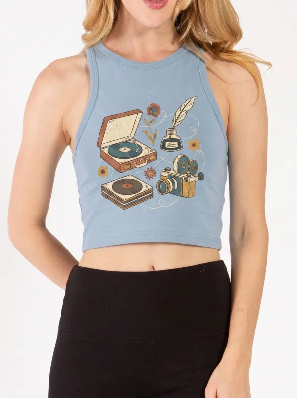 Women's Retro Hobbyist Record Player Camera Printed Crop Top