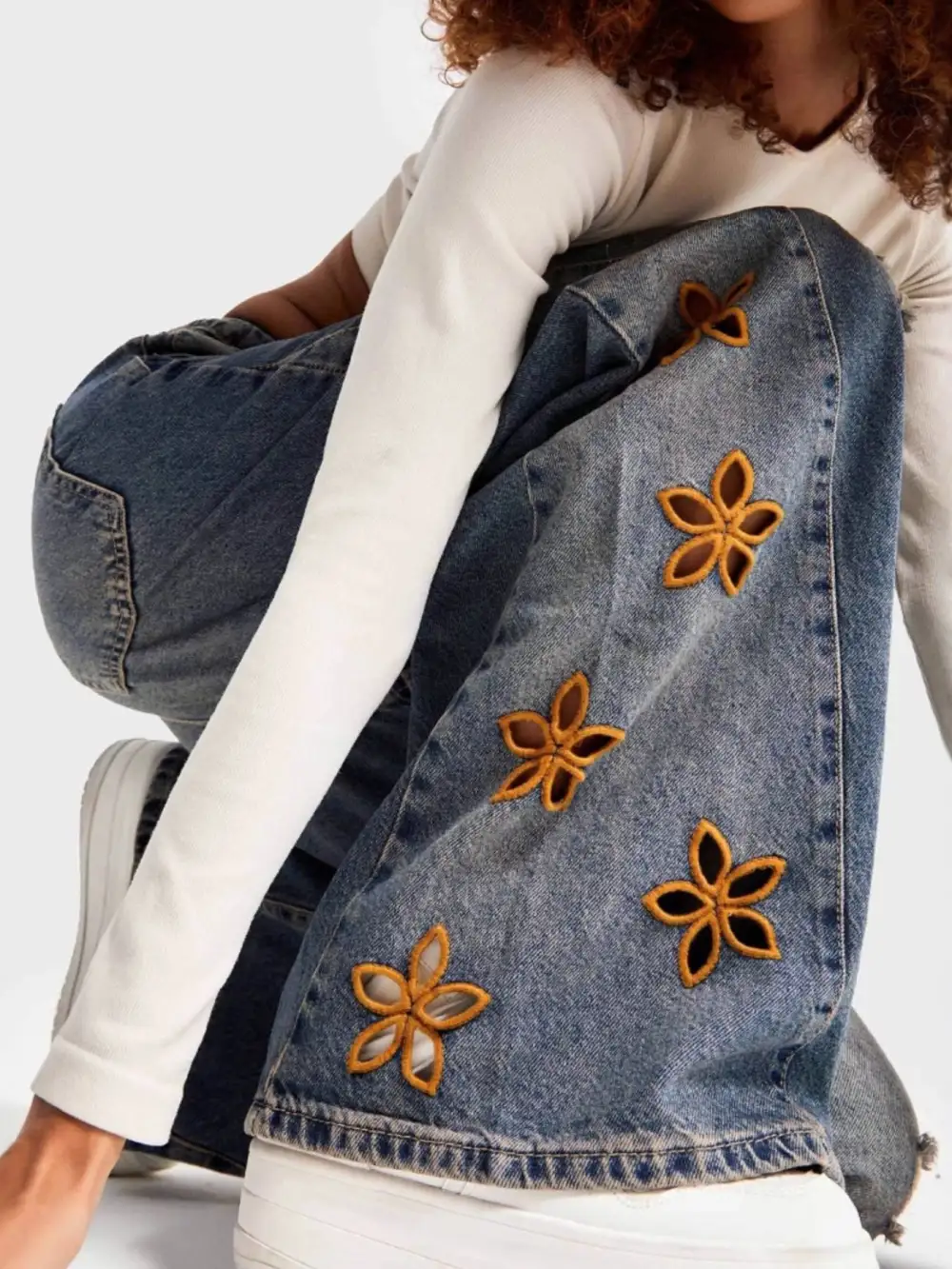 Wide Leg Embroidered Denim Jeans