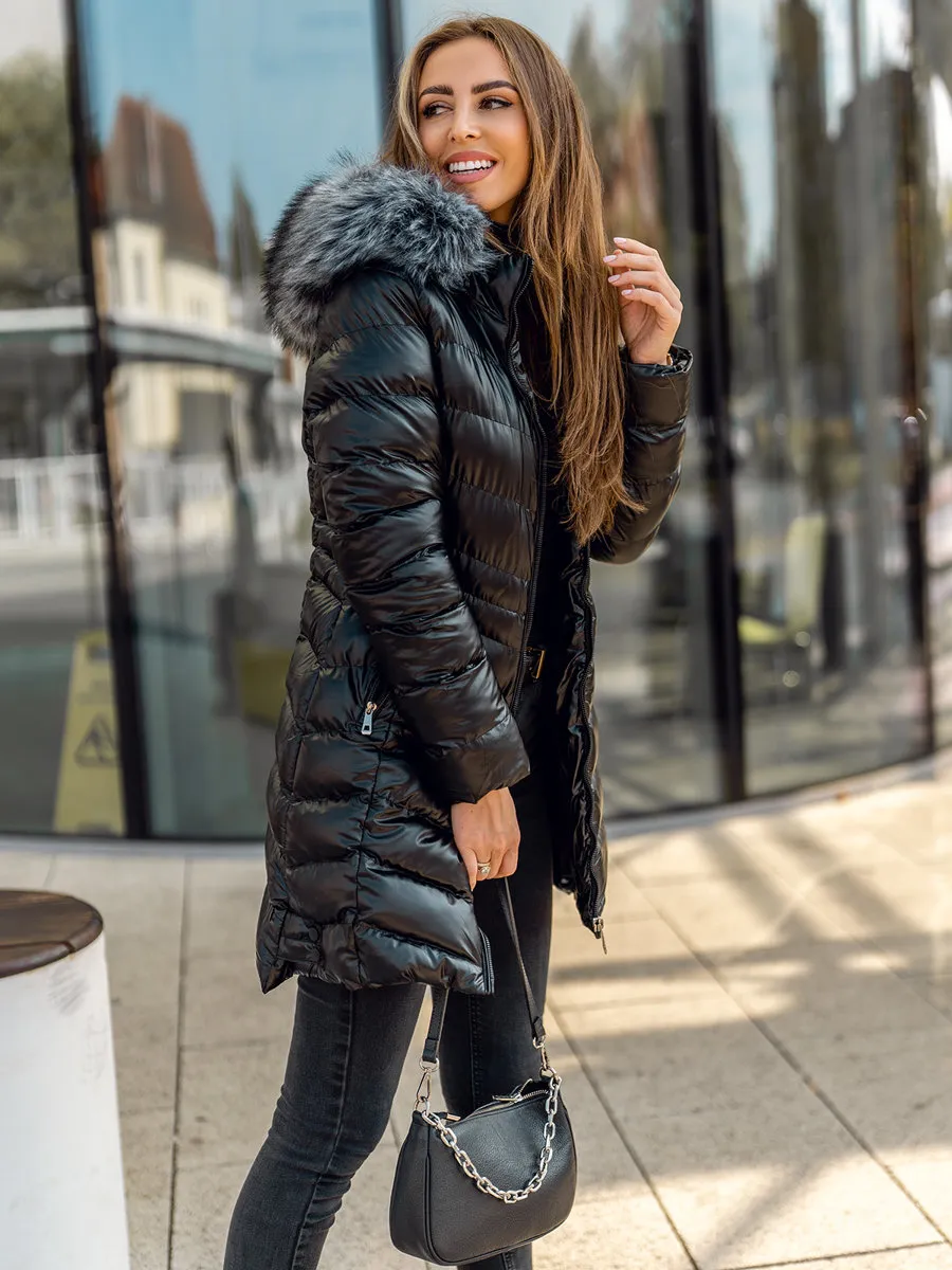 black women's long quilted winter jacket with hood