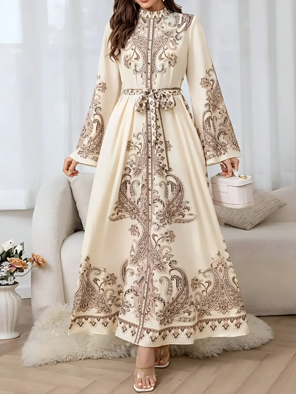 Mock-Neck Bell-Sleeve Boho Paisley Maxi Dress