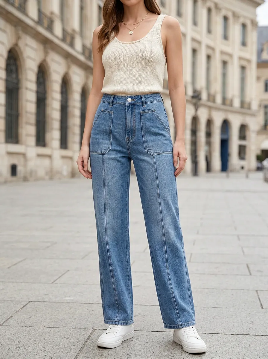 Women's Casual High-Waisted Patch Pocket Straight Leg Denim Jeans