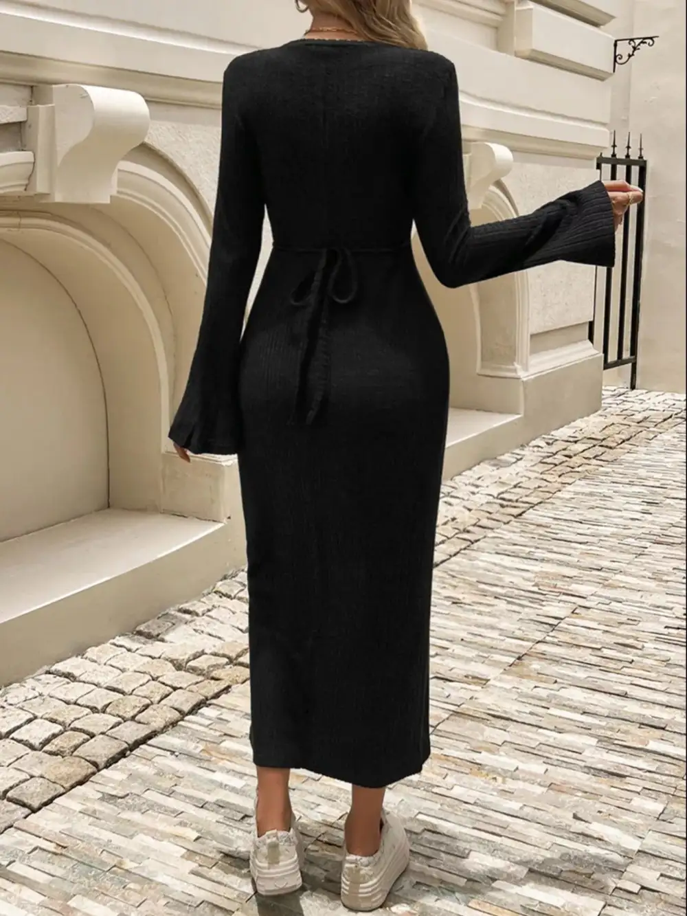 Wearable Cut Ribbed Knit Long Sleeve Midi Dress