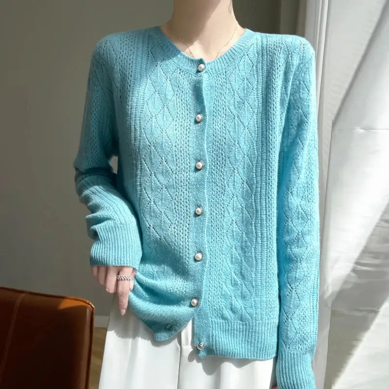Merino-Wool Wool Pearl-Button Crew-Neck Cardigan