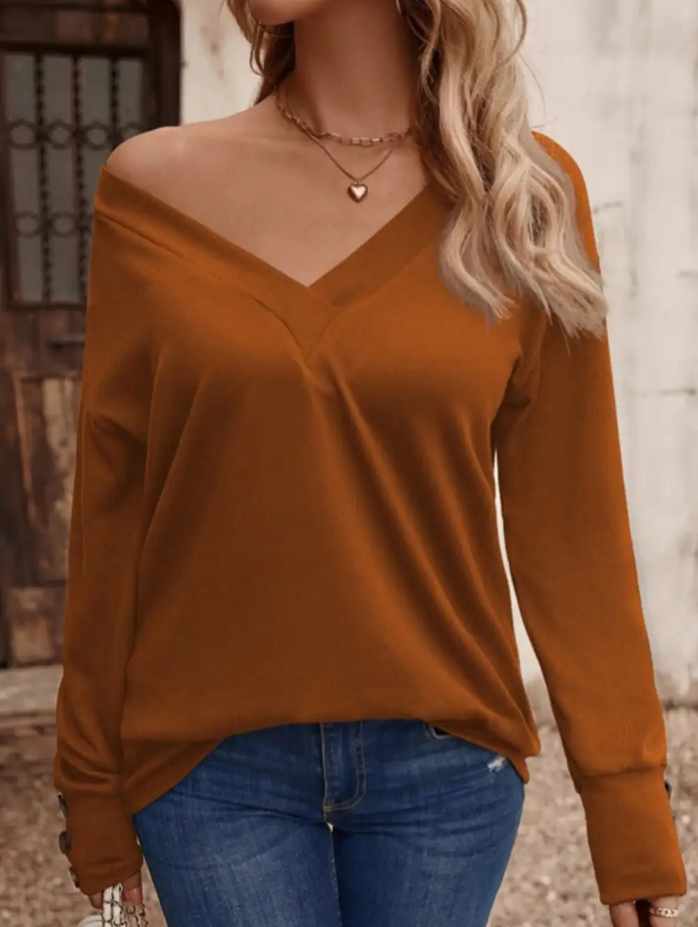 V Neck Button Loose Long Sleeve Tee
