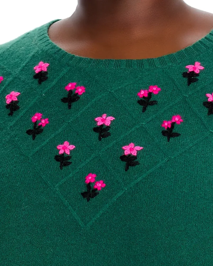 Puff Sleeve Embroidered Floral Cashmere Sweater