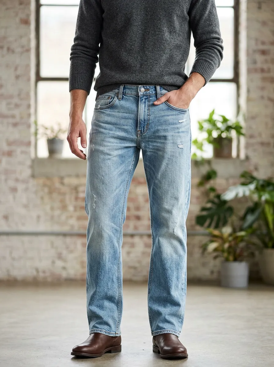 Men's Distressed Jeans Featuring Five Pocket and Denim Styling