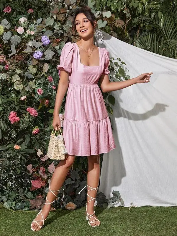 Women Tie Back O-ring Detail Puff Sleeve Ruffle Hem Dress