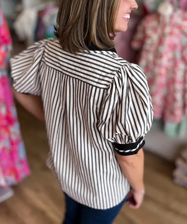 Black Stripe Collared Split Neck Short Bubble Sleeve Blouse
