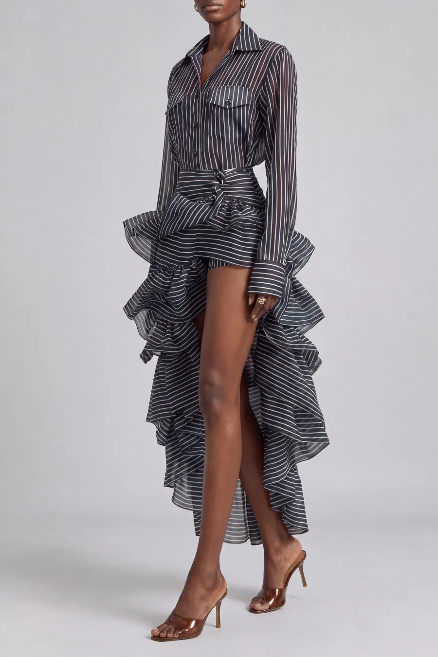 Button Front Layered Striped Midi Dress