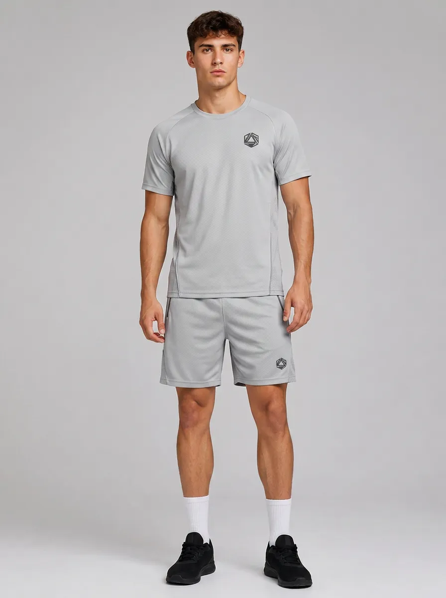 Men's Geometric Logo Mesh T-Shirt and Zip-Pocket Shorts Set