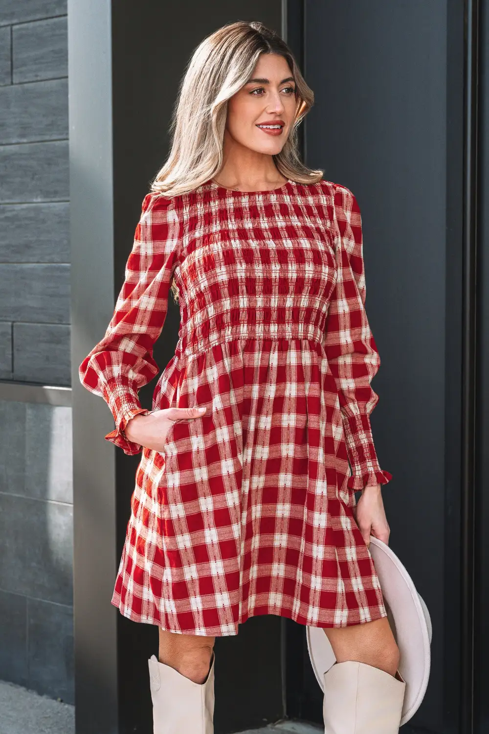 Lightweight Feel Plaid Printed Smocked Mini Dress