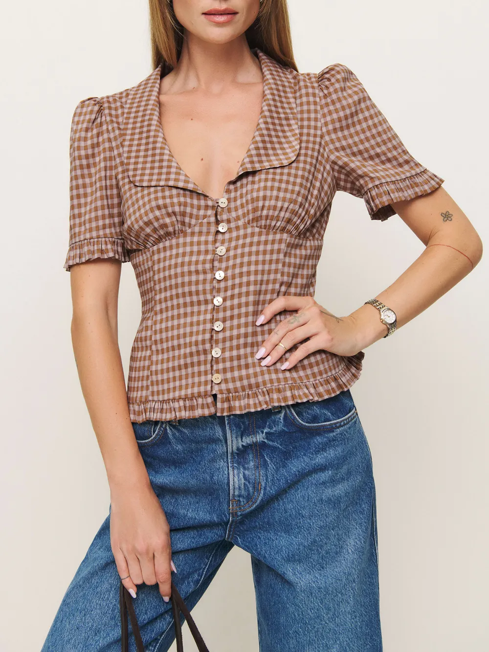 Button Front V Neck Puff Sleeve Top