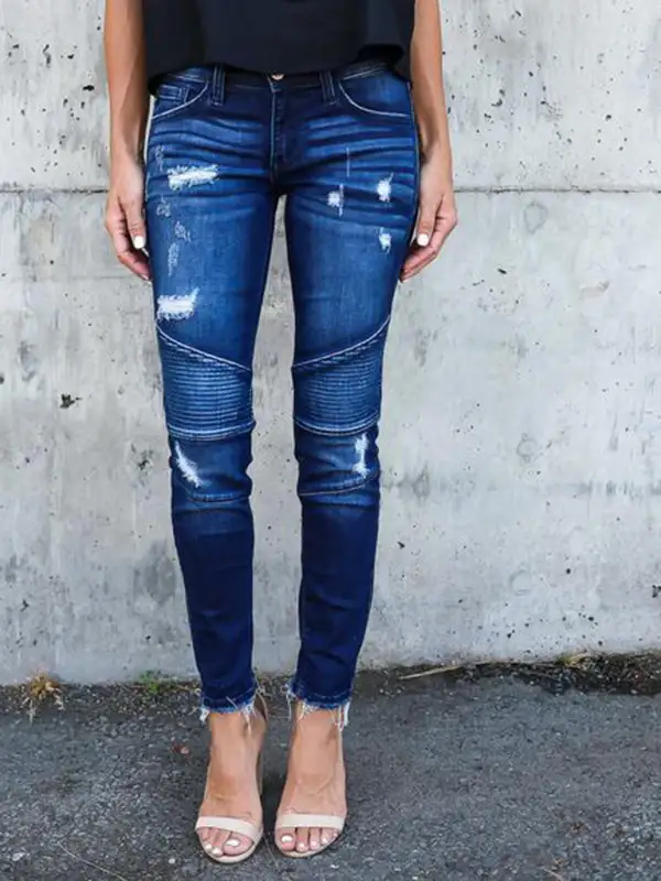 Distressed Stretch Pleated Denim Jeans