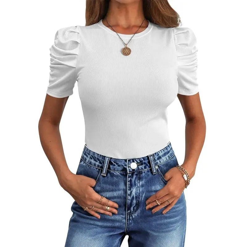 Women Puff Short Sleeve Crewneck Dressy Casual Tops
