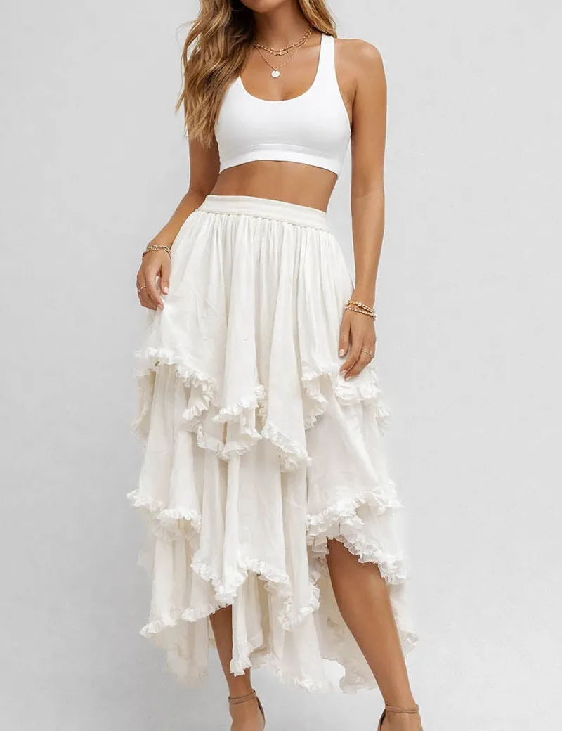 Sheer Mesh Elastic Waist Tiered Ruffle Midi Skirt