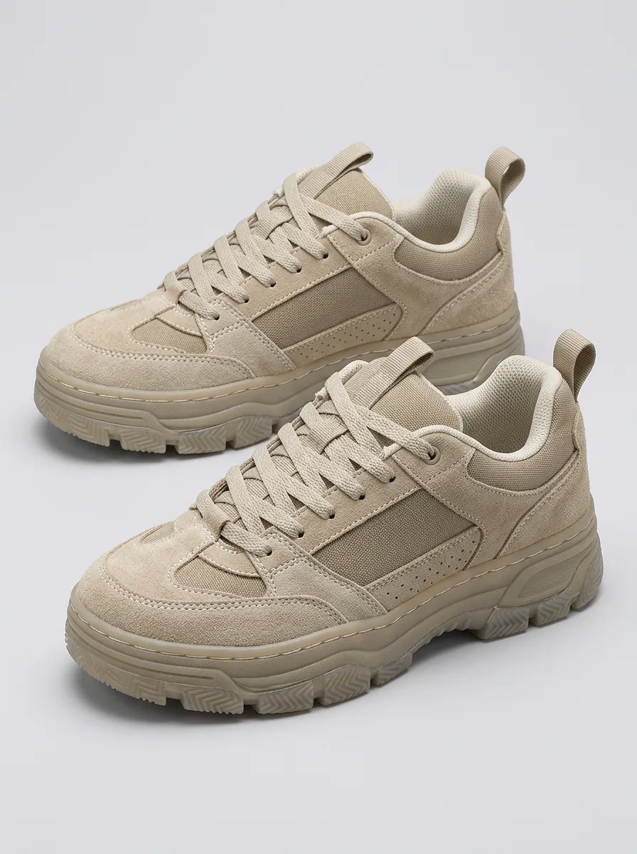 Men's Casual Beige Suede Chunky Sole Lace-up Sneakers