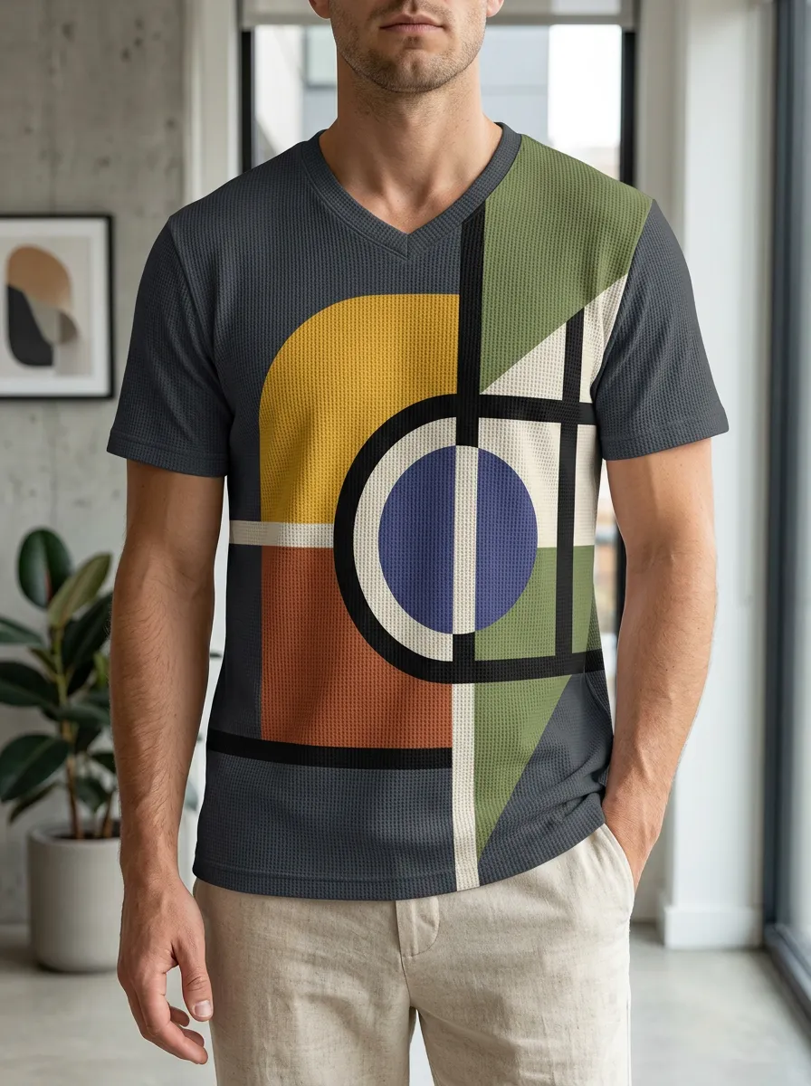 Men's Abstract Geometric Art Printed V-Neck T-Shirt